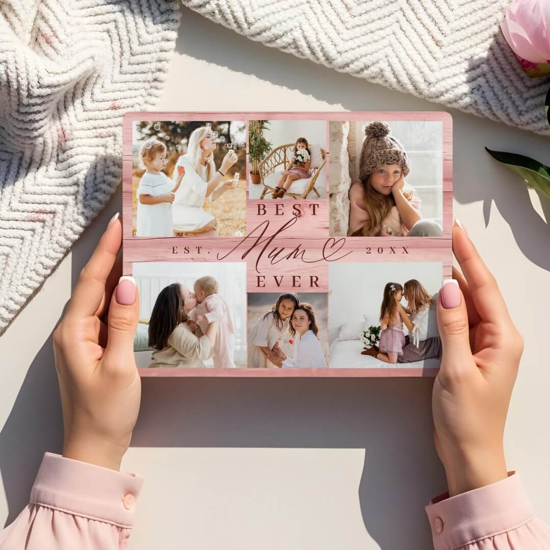 Best Mum Ever Family Photo Collage Pink Woodgrain Plaque