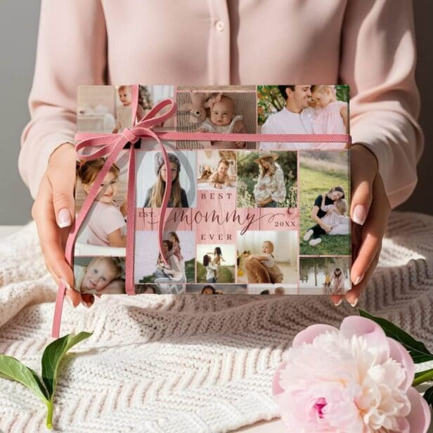 Best Mummy Ever Photo Collage Pink Woodgrain Wrapping Paper Sheets