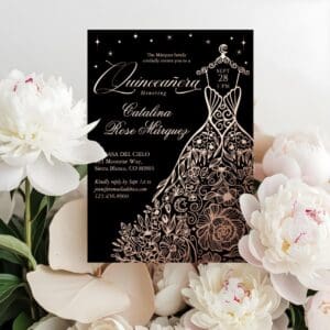 Black Floral Quinceañera Gown Celestial Moon Stars Foil Invitation