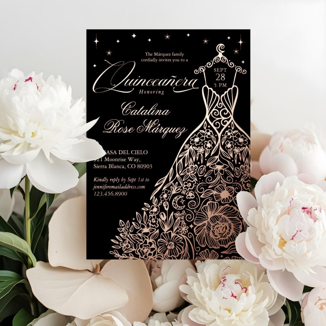 Black Floral Quinceañera Gown Celestial Moon Stars Foil Invitation