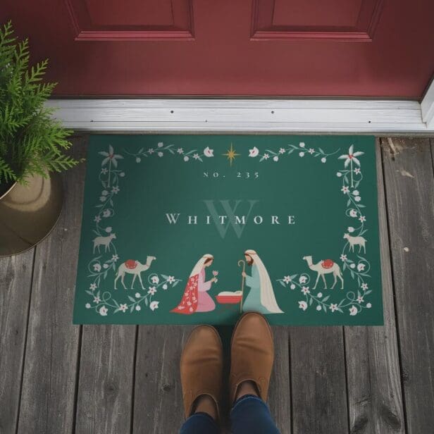 Christmas Religious Nativity Family Name Monogram Doormat