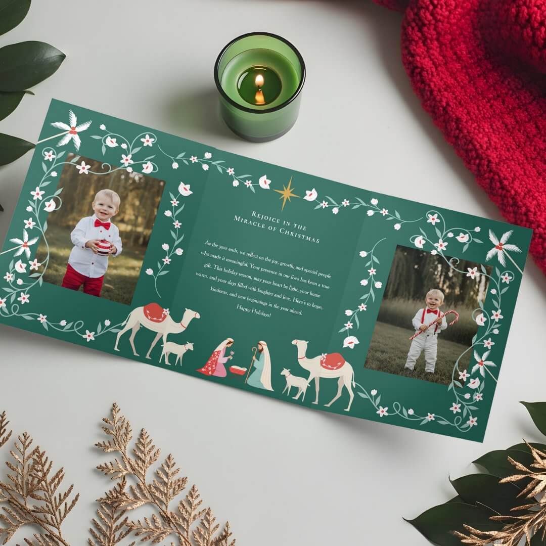 Christmas Religious Nativity Scene Family Photo Green Tri-Fold Holiday Card
