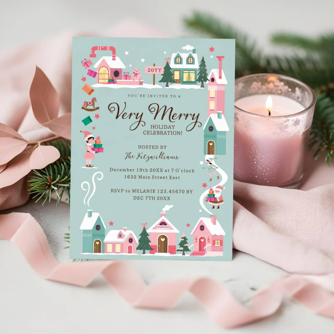Cozy North Pole Pink Elf Workshop Christmas Party Blue Invitation
