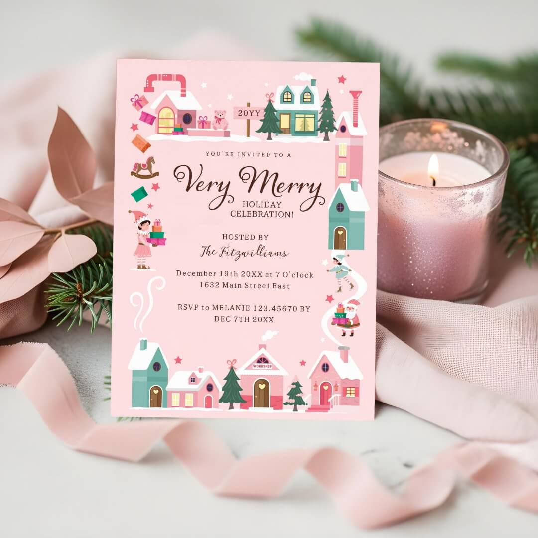 Cozy North Pole Pink Elf Workshop Christmas Party Pink Invitation