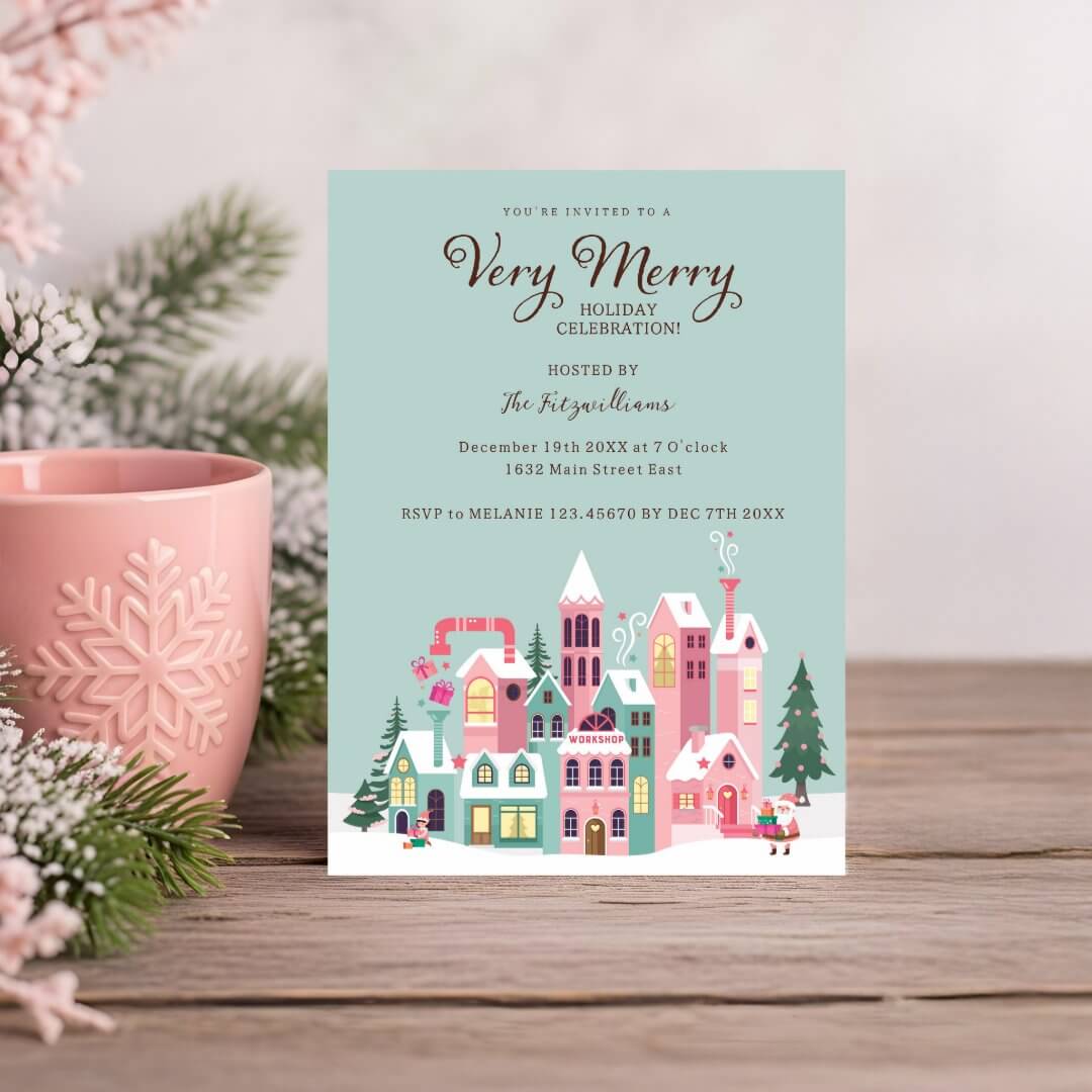 Cozy North Pole Pink Elf Workshop Christmas Party Blue Invitation