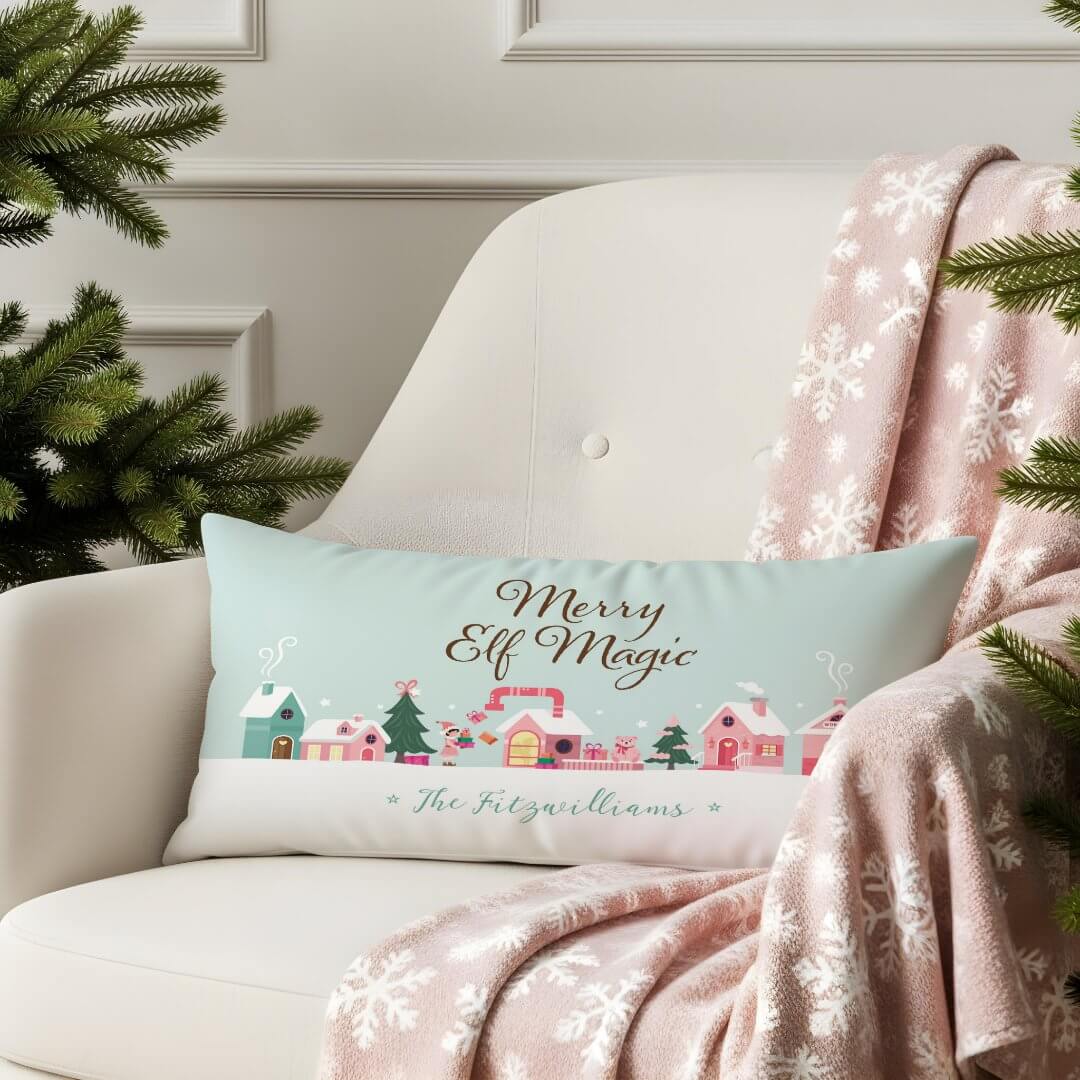 Cozy Santa North Pole Pink Elf Workshop Village Lumbar Blue Pillow