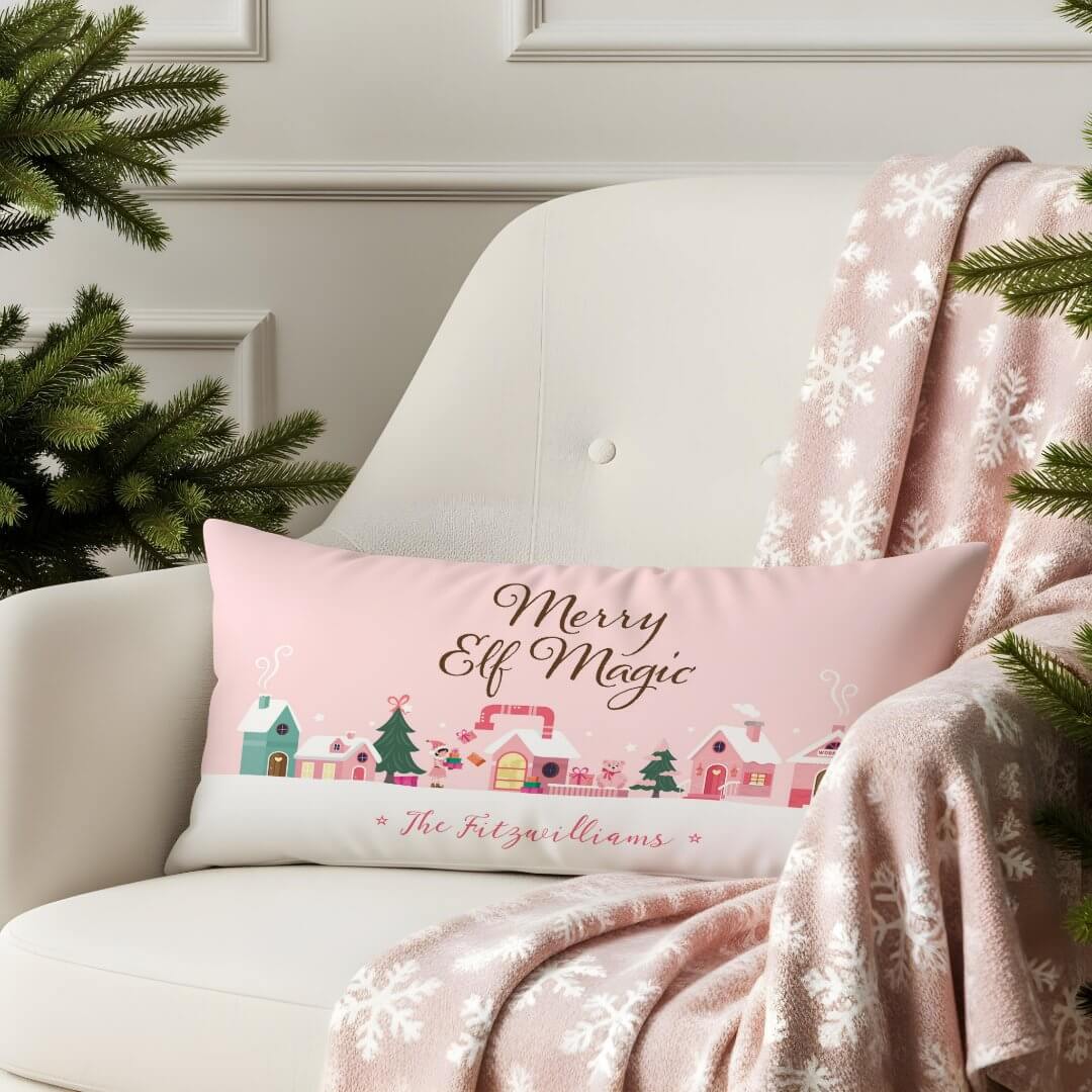 Cozy Santa North Pole Pink Elf Workshop Village Lumbar Pillow