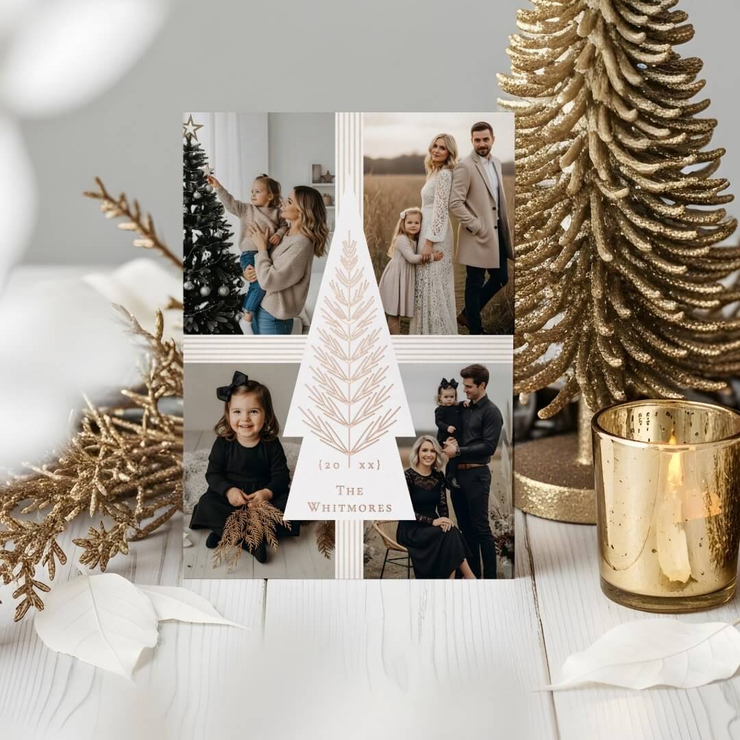 Elegant Bow Present Evergreen Tree Photo Collage Foil Holiday Card