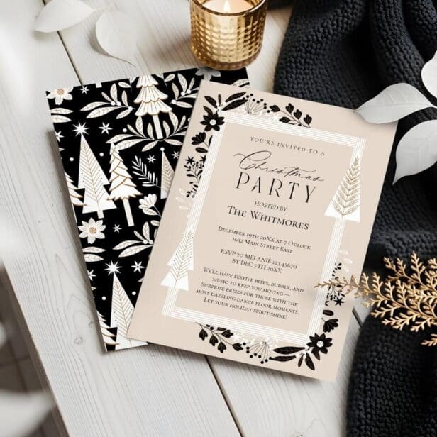 Elegant Evergreen Trees & Floral Christmas Party Invitation