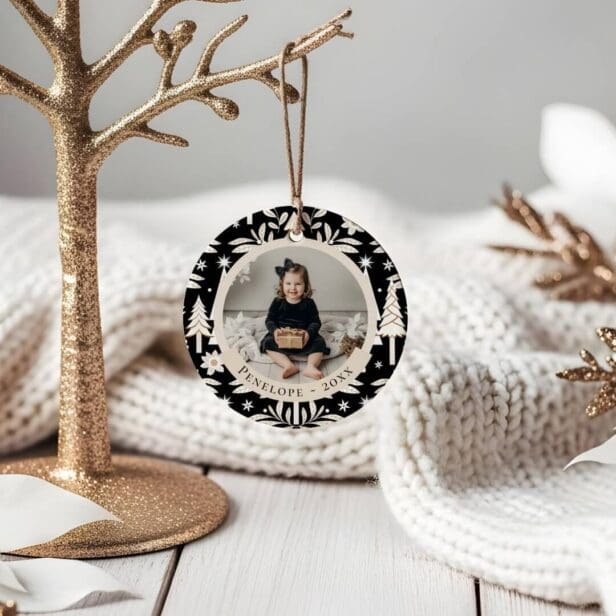 Elegant Evergreen Trees & Floral Photo Christmas Ceramic Black Ornament