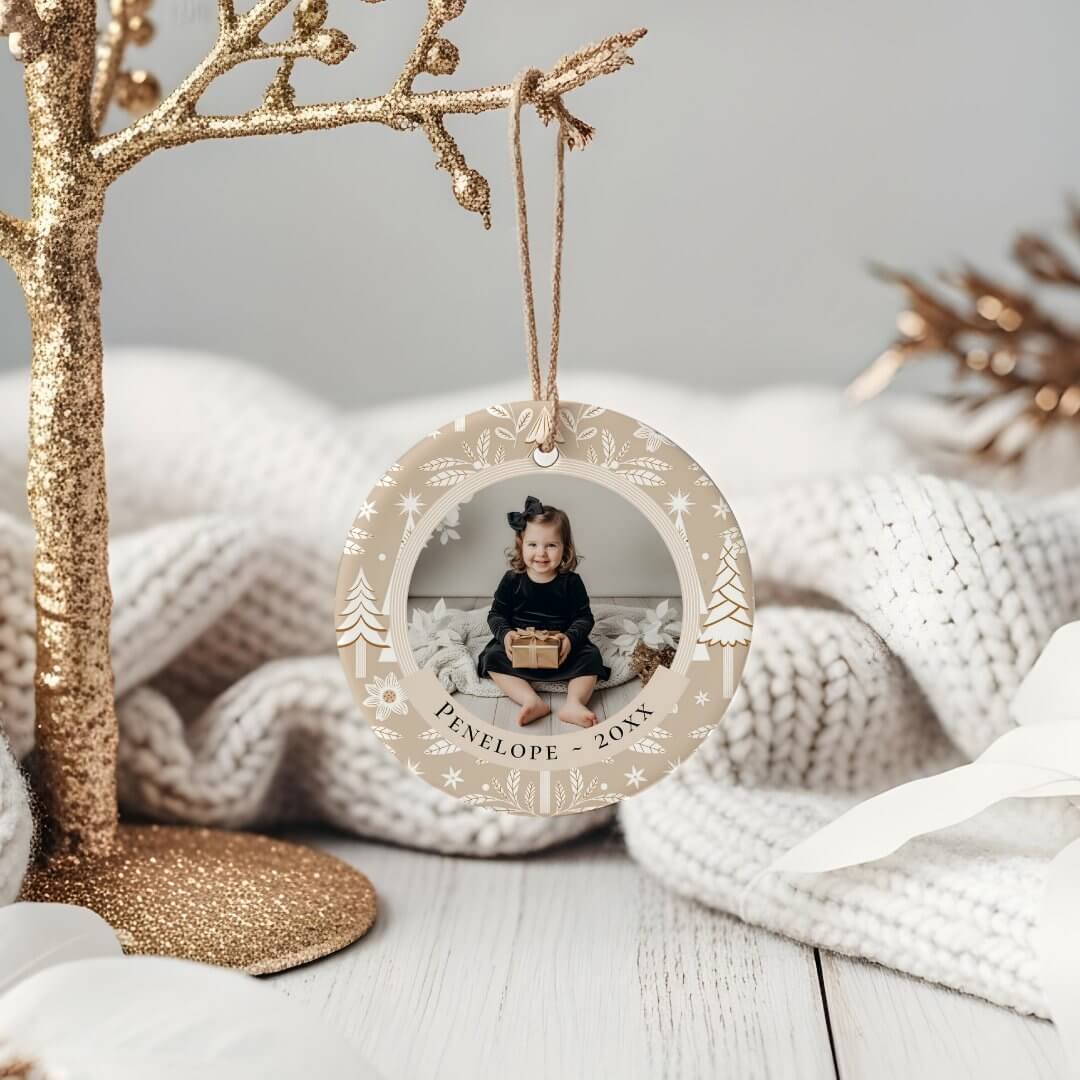 Elegant Evergreen Trees & Floral Photo Christmas Ceramic Beige Ornament