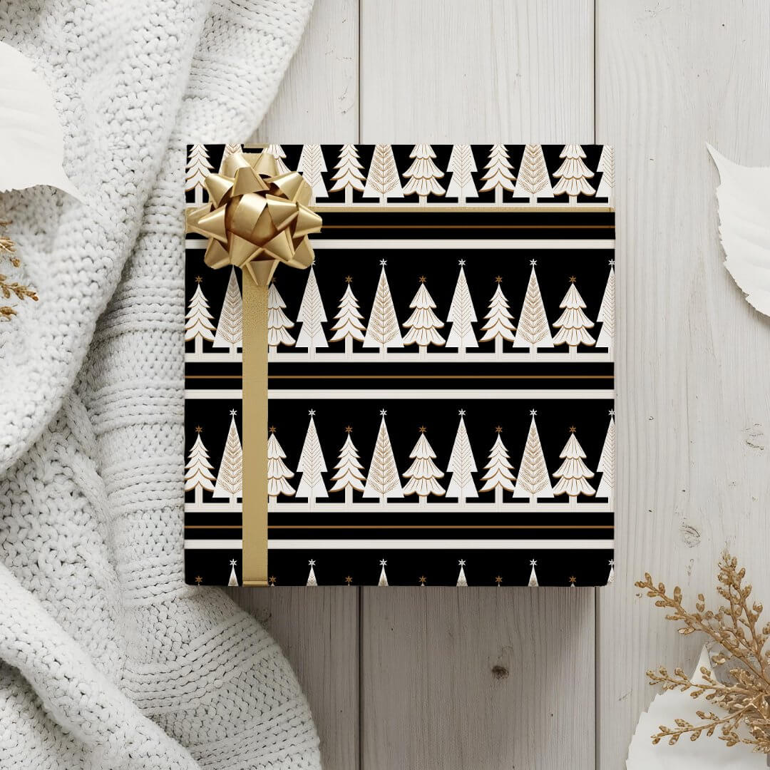 Elegant Holiday Evergreen Forest Trees Christmas Black Wrapping Paper
