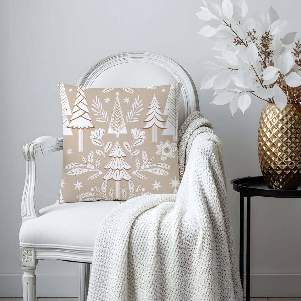 Elegant Luxury Holiday Evergreen Forest & Floral Beige Throw Pillow