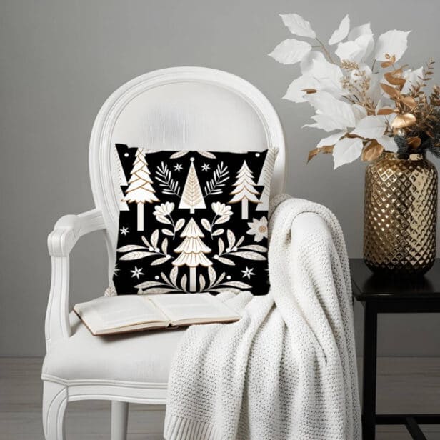 Elegant Luxury Holiday Evergreen Forest & Floral Black Throw Pillow