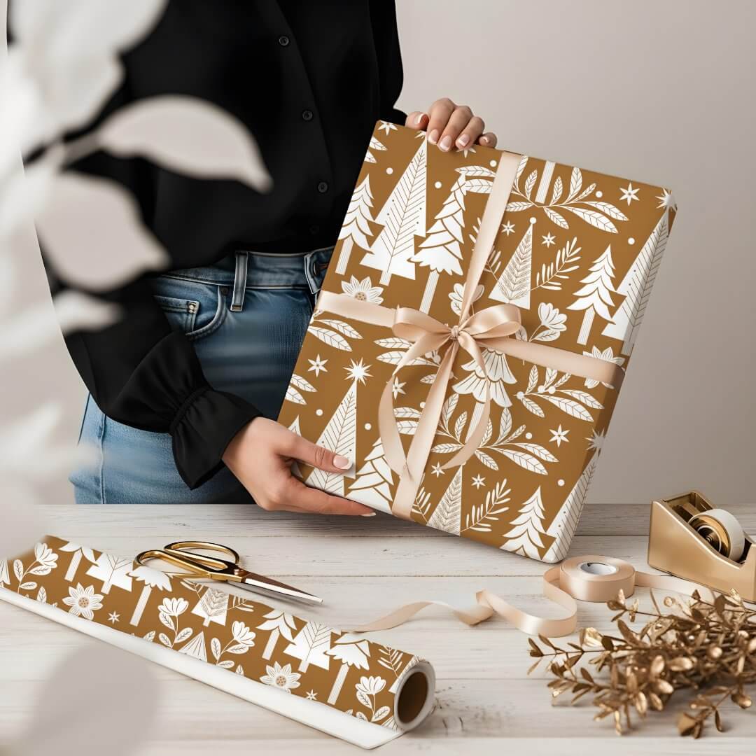 Elegant Luxury Holiday Evergreen Forest & Floral Golden Wrapping Paper