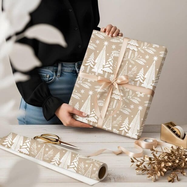 Elegant Luxury Holiday Evergreen Forest & Floral Beige Wrapping Paper