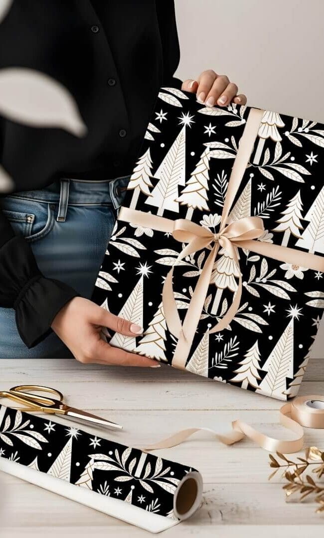 Elegant Luxury Holiday Evergreen Forest & Floral Black Wrapping Paper