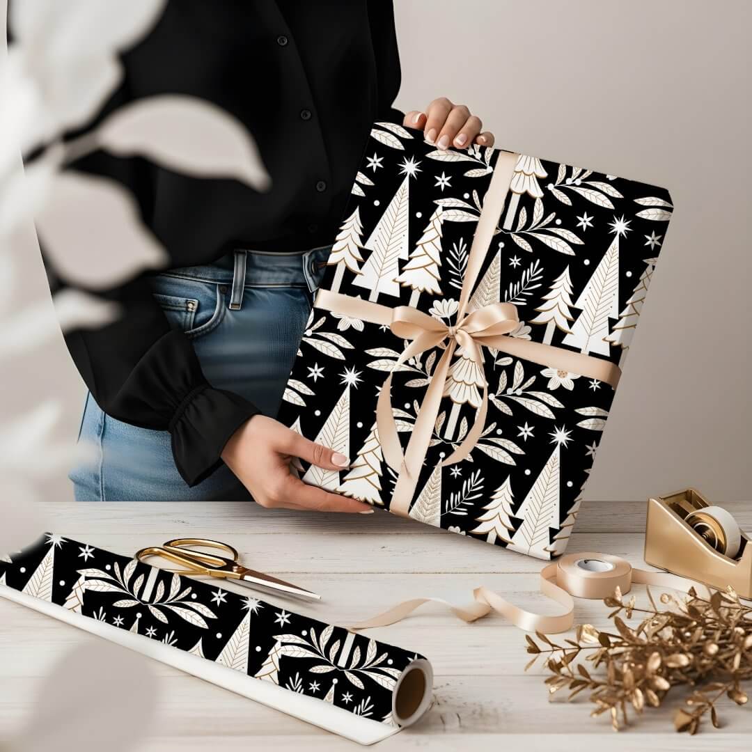 Elegant Luxury Holiday Evergreen Forest & Floral Black Wrapping Paper