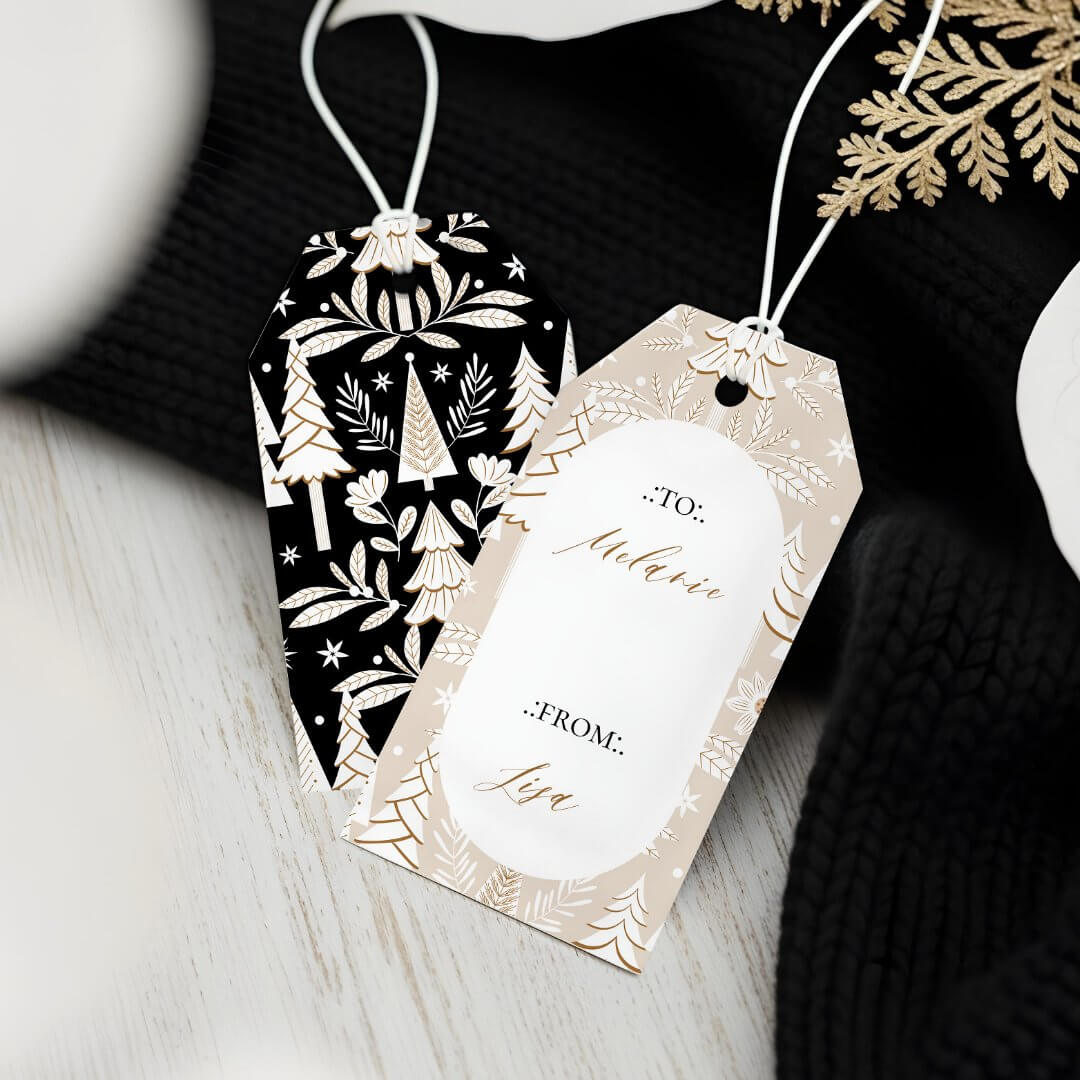 Elegant Modern Christmas Evergreen Trees & Floral Gift Tags