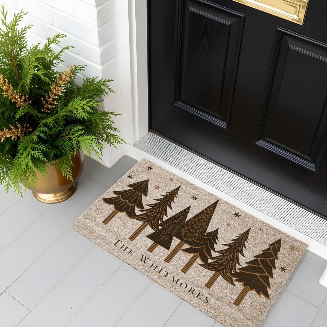 Elegant Modern Evergreen Trees Custom Christmas Fiber Doormat