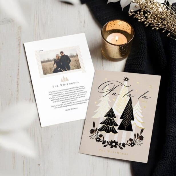 Elegant Modern Fa La La Photo Evergreen Christmas Foil Beige Holiday Card