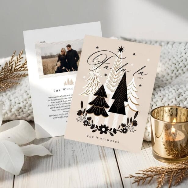 Elegant Modern Fa La La Photo Evergreen Christmas Beige Holiday Card