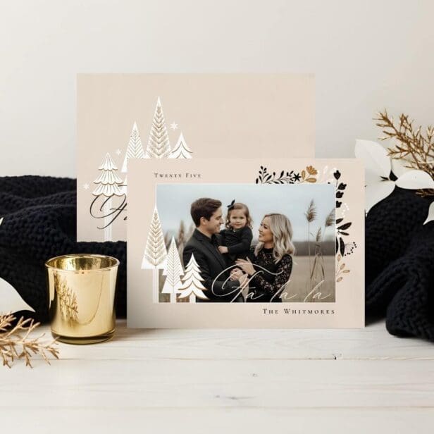Elegant Modern Fa La La Photo Evergreen Christmas Beige Holiday Card