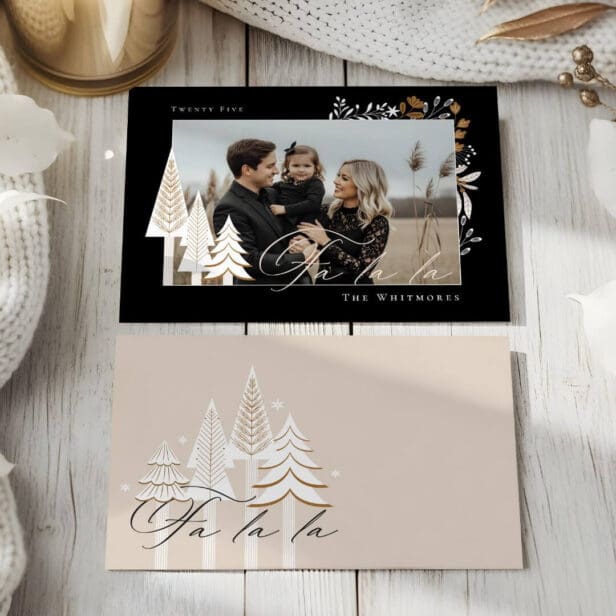 Elegant Modern Fa La La Photo Evergreen Christmas Black Holiday Card