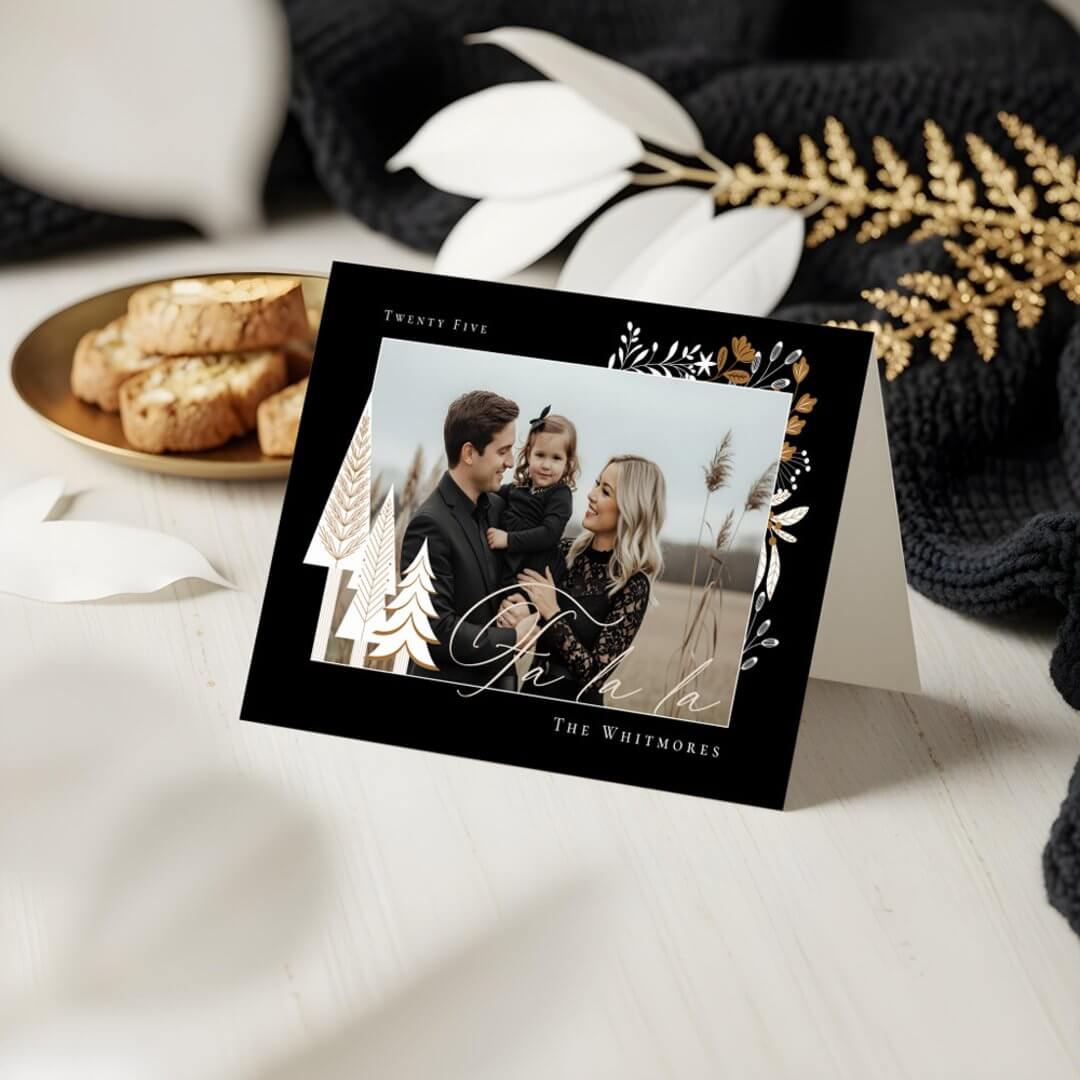 Elegant Modern Fa La La Photo Evergreen Christmas Black Holiday Card