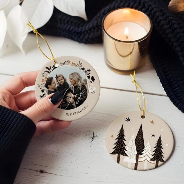 Elegant Modern Joy Photo Evergreen Christmas Tree Beige Ceramic Ornament