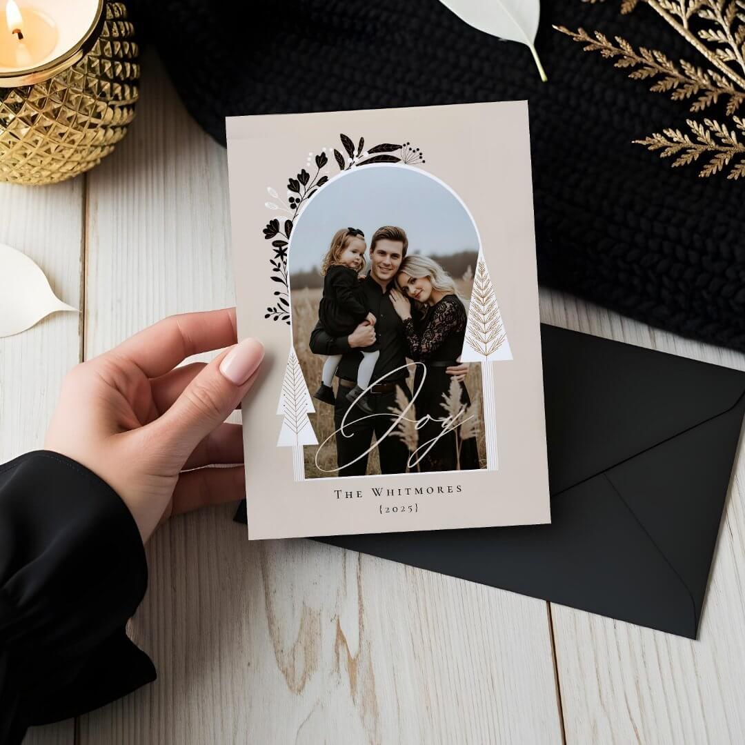 Elegant Modern Joy Photo Evergreen Christmas Tree Beige Holiday Card
