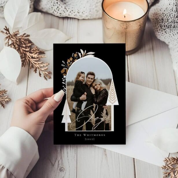 Elegant Modern Joy Photo Evergreen Christmas Tree Black Holiday Card