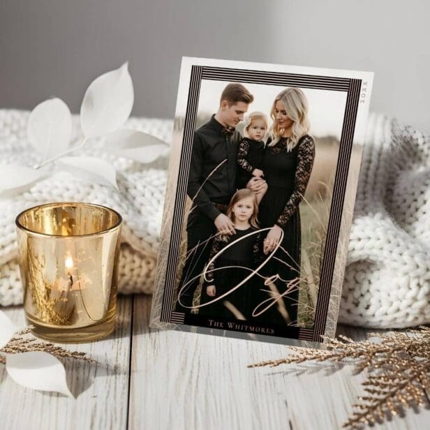Elegant Modern Strip Frame Full Photo Joy Script Foil Holiday Card