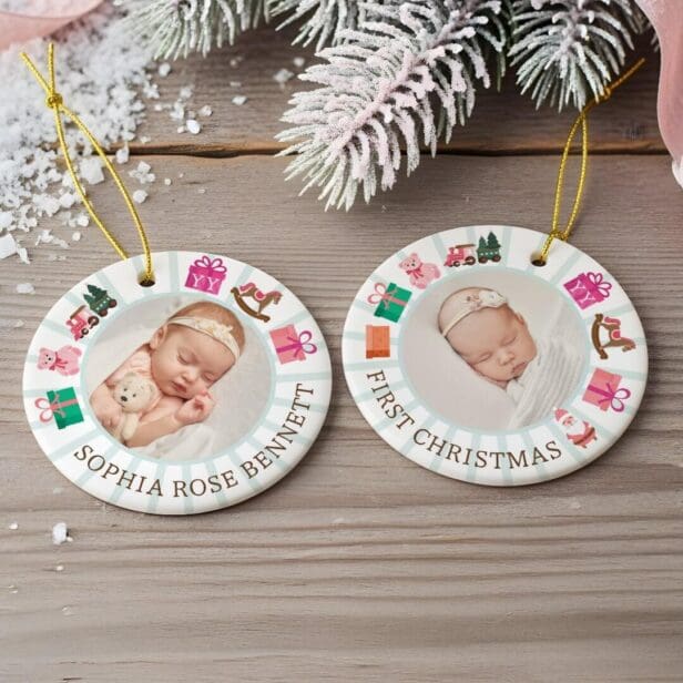 Elf Toy Factory Baby's First Pink Christmas Photo Ceramic Ornament