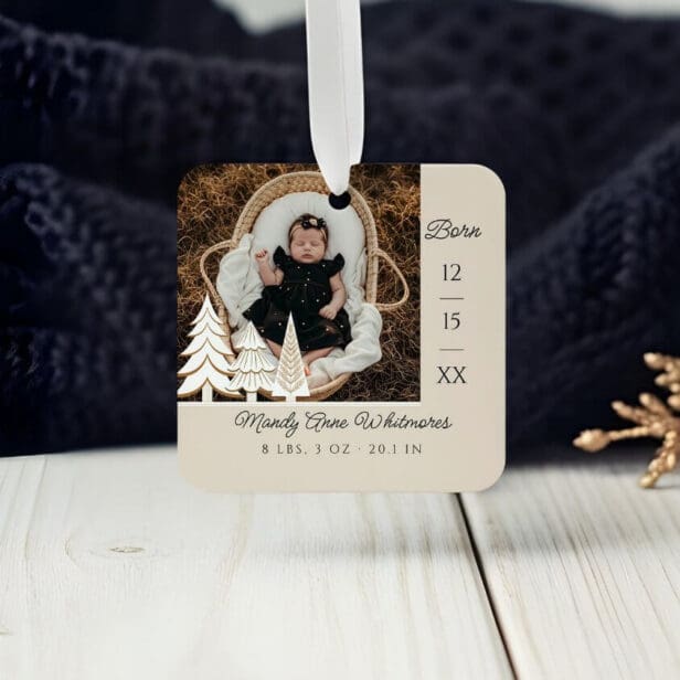 Evergreen Christmas Tree Baby Birth Stat Photo Metal Beige Ornament