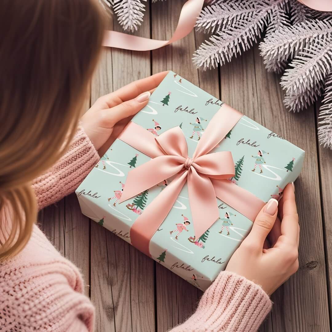 Fa La La Cute Pink Elf Ice Skating Girly Wrapping Paper