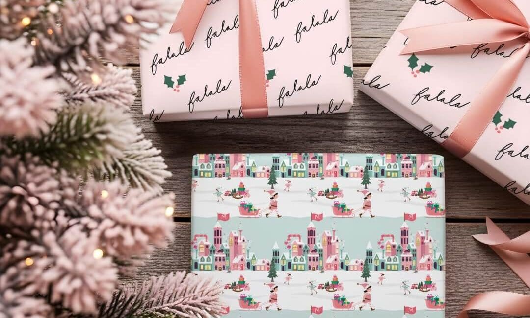 Fa La North Pole Elf Workshop Santa Pink Village Wrapping Paper Sheets