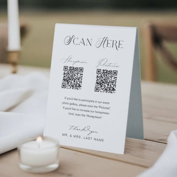 Honeymoon Fund & Pictures QR Code Scan Wedding Table Tent Sign
