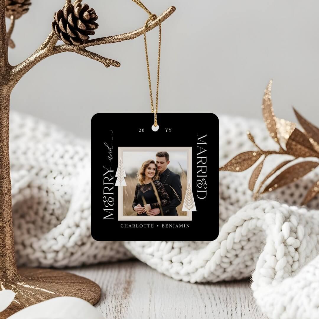 Merry & Married Photo Elegant Christmas Trees Ceramic Ornament