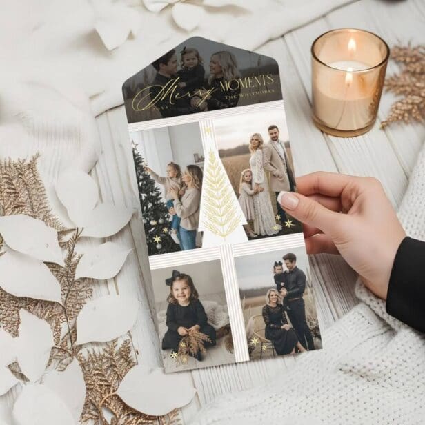 Merry Moments Photo Collage Elegant Evergreen Tree All In One Christmas Card