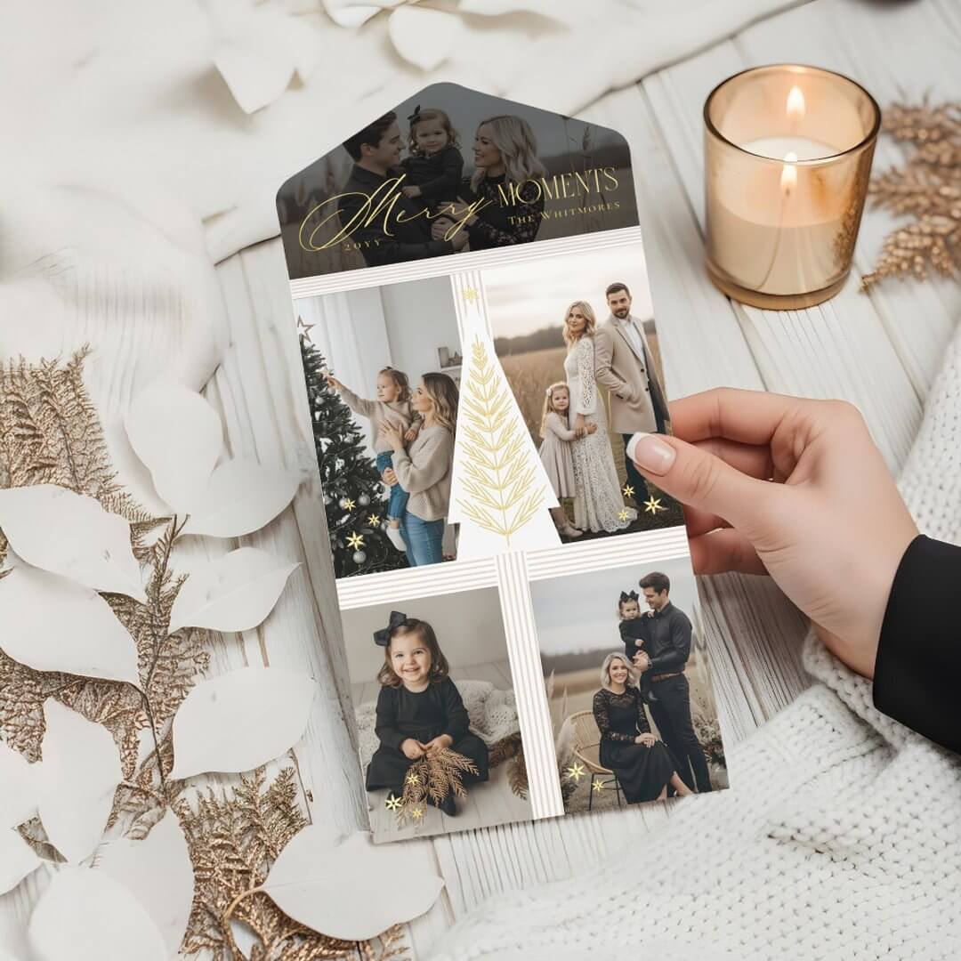Merry Moments Photo Collage Elegant Evergreen Tree All In One Christmas Card