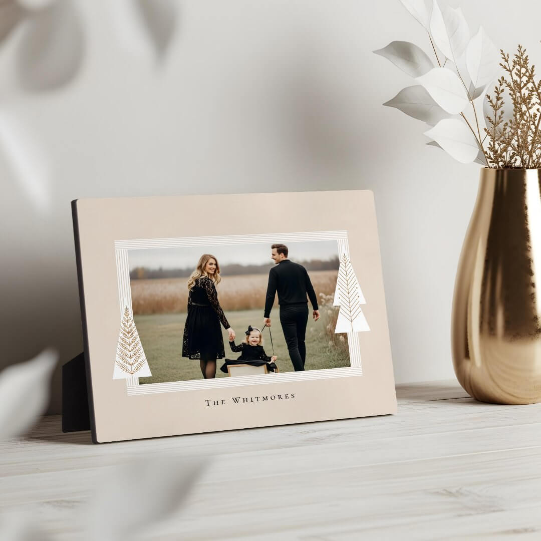 Modern Stripe Frame Evergreen Christmas Tree Photo Beige Plaque