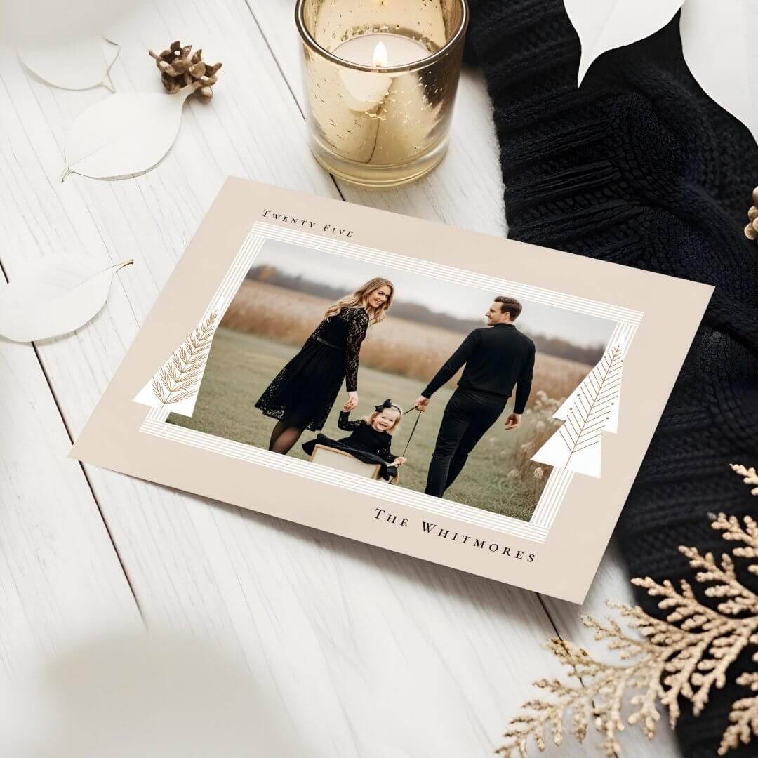Modern Stripe Frame Evergreen Christmas Tree Photo Beige Holiday Card