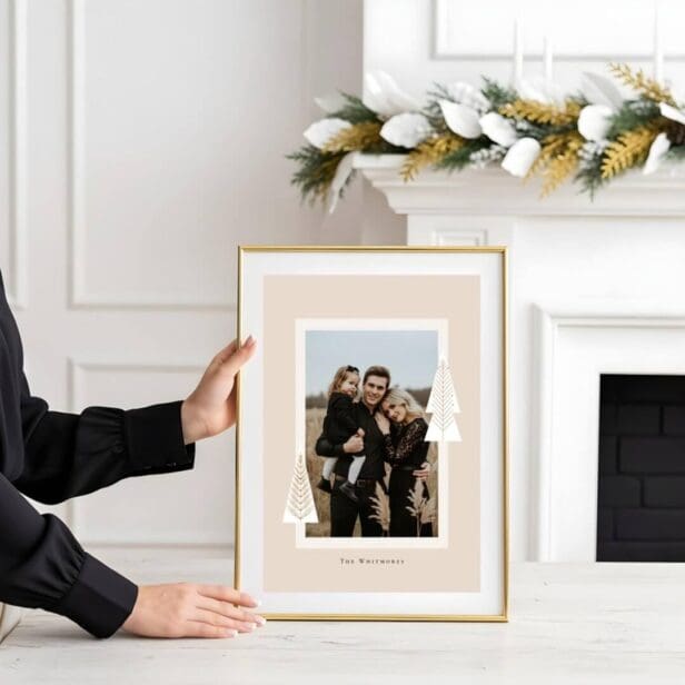 Modern Stripe Frame Evergreen Christmas Tree Beige Photo Poster