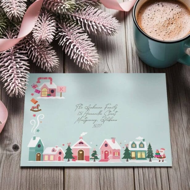North Pole Elf Workshop Santa Claus Pink Village Blue Envelope