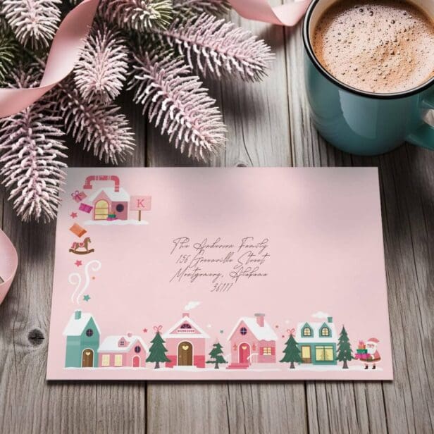 North Pole Elf Workshop Santa Claus Pink Village Pink Envelope
