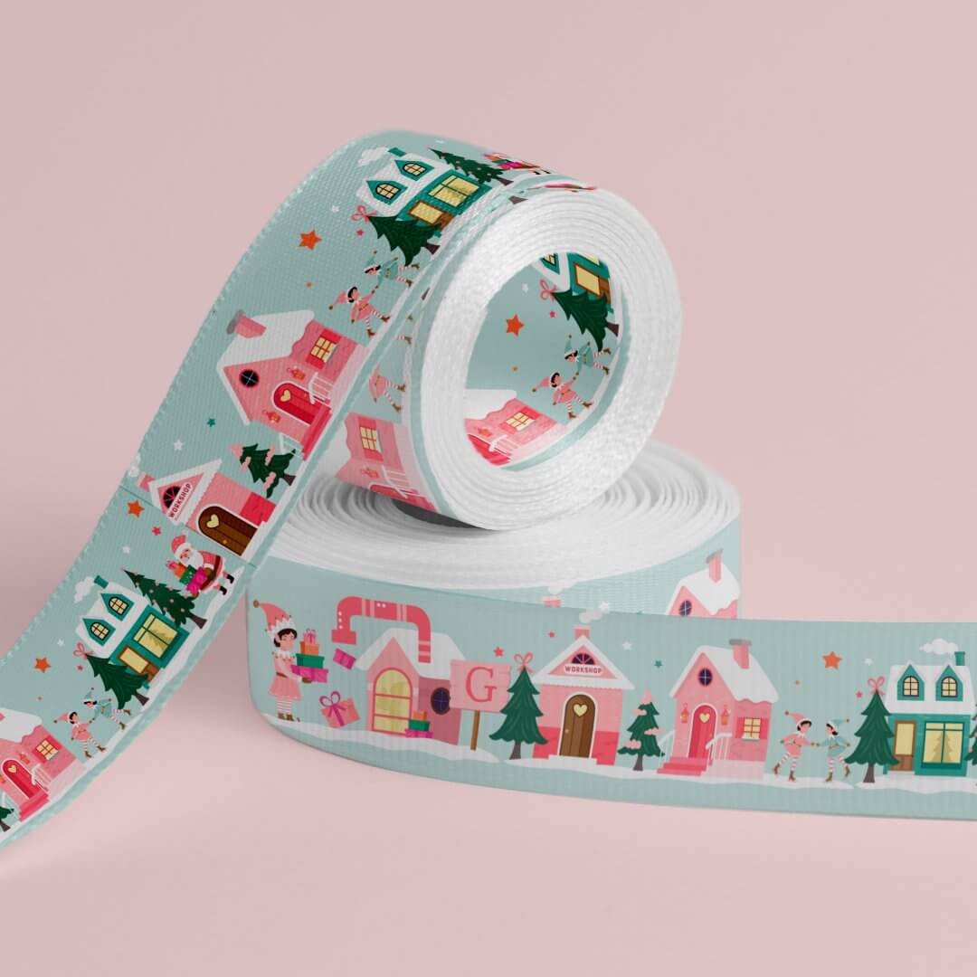 North Pole Elf Workshop Santa Claus Pink Village Grosgrain Ribbon