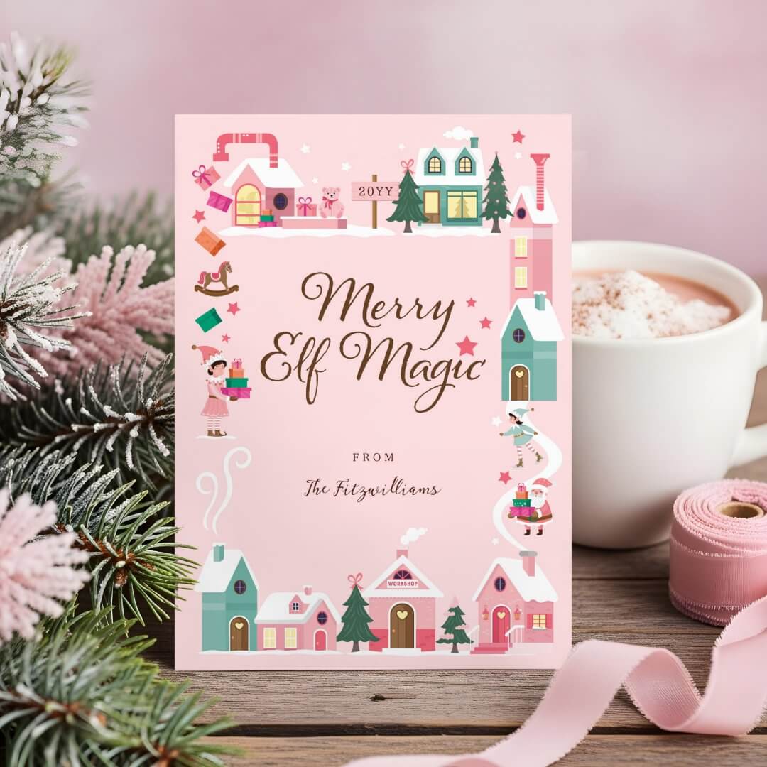 North Pole Elf Workshop Santa Claus Pink Village Holiday Card