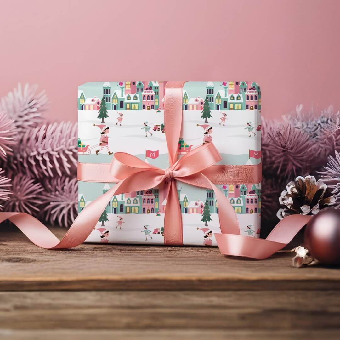 North Pole Elf Workshop Santa Claus Pink Village Wrapping Paper