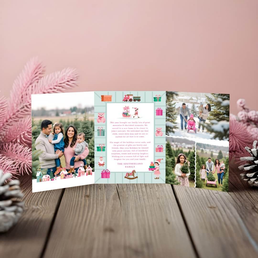 North Pole Elf Workshop Santa Pink Village Photos Tri-Fold Holiday Card